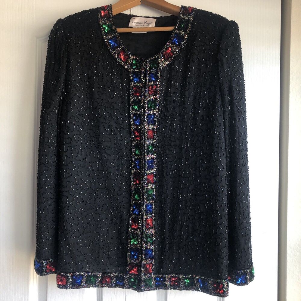 Lawrence Kazar Silk Beaded Jacket‎ Vintage 90s Heavily Beaded Colorful Large